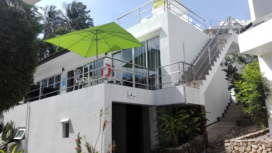 the exterior seen from the stone path on the terrace with swimming pool, parasol, garden furniture-